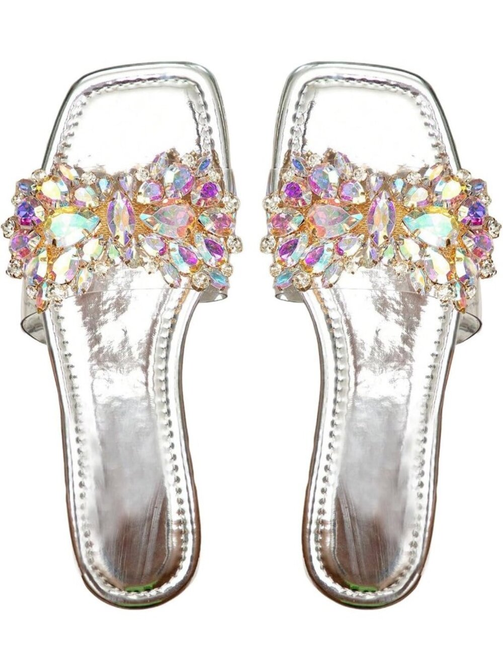 Women's Silver Rhinestone Flats Square Toe Slides Sparkle Transparent  Shoes